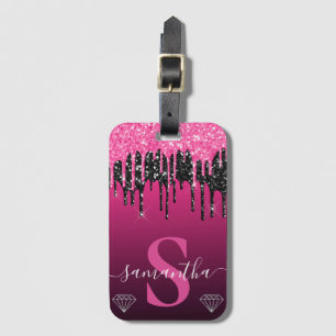 Etiqueta De Bagagem Monograma Quente Rosa e Preto com Glitter Pingando