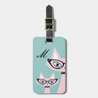 Etiqueta De Bagagem Monograma Retro Cor-de-rosa com bagagem de gato