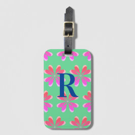 Etiqueta De Bagagem Monograma retro verde-floral rosa