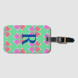 Etiqueta De Bagagem Monograma retro verde-floral rosa