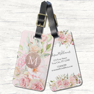 Etiqueta De Bagagem Monograma Rosa Dourado Bege Rosa Aquarela Floral
