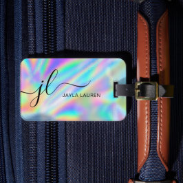 Etiqueta De Bagagem Monograma Script Faux Holográfico Arco-íris