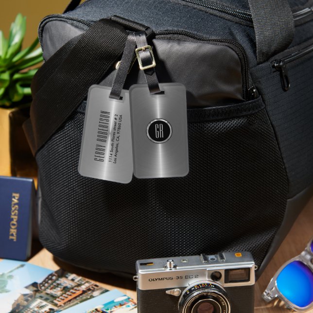 Etiqueta De Bagagem Monograma Silver Metálico com Aço Inoxidável (Frente e verso)