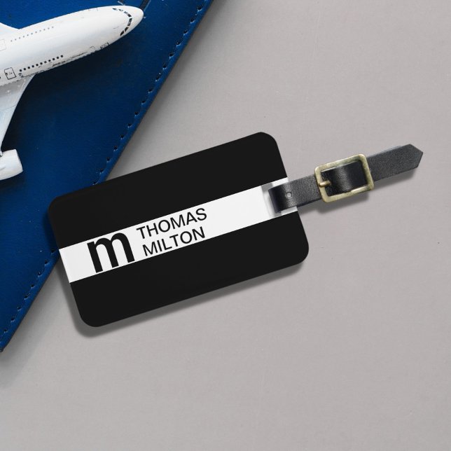 Etiqueta De Bagagem Monograma Simples Preto de Stripe Branca Negrito (Criador carregado)