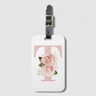 Etiqueta De Bagagem Monograma T Floral Brilho Rosa Dourado Feminino