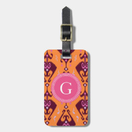 Etiqueta De Bagagem Monograma tribal de ikat laranja-gema