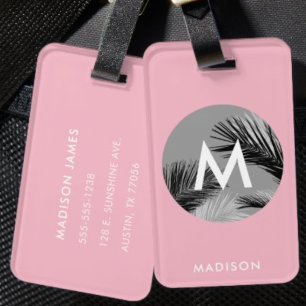 Etiqueta De Bagagem Monograma tropical personalizado Rosa pálido