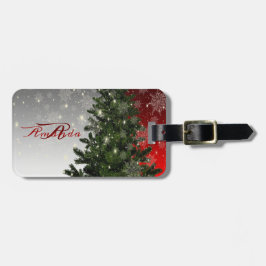 Etiqueta De Bagagem Monograma Verde Árvore Vermelha Floco de Neve