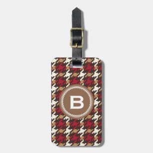 Etiqueta De Bagagem Monograma vermelho marrom da xadrez do houndstooth