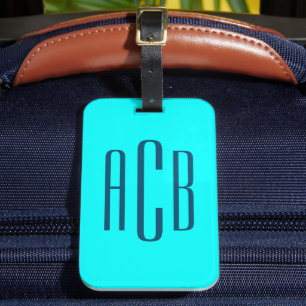 Etiqueta De Bagagem Monograma Vertical de 3 Letras em Azul Turquesa Vi