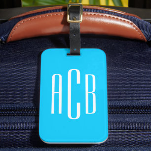 Etiqueta De Bagagem Monograma Vertical de Três Letras Azul Céu Vibrant