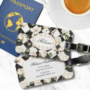 Etiqueta De Bagagem Monograma Vintage Rosa Flores Pretas Diamante Bran