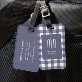 Etiqueta De Bagagem Monograma Xadrez Azul Marinho Elegante