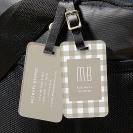 Etiqueta De Bagagem Monograma Xadrez Bege Elegante
