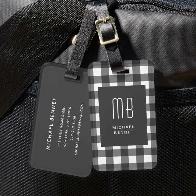 Etiqueta De Bagagem Monograma Xadrez Elegante (Elegant Gingham Monogram Luggage Tag)