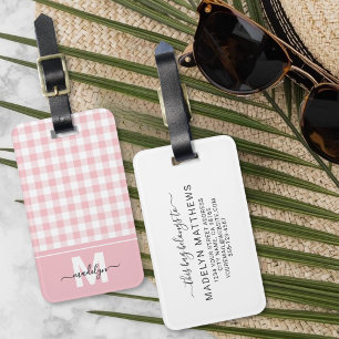 Etiqueta De Bagagem Monograma Xadrez Rosa Personalizado
