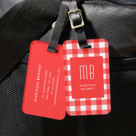 Etiqueta De Bagagem Monograma Xadrez Vermelho Elegante