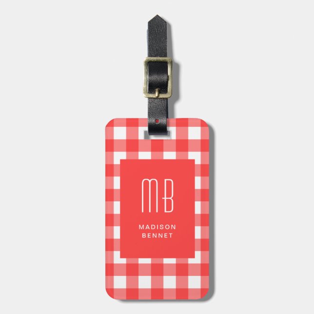 Etiqueta De Bagagem Monograma Xadrez Vermelho Elegante (Frente Vertical)