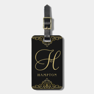 Etiqueta De Bagagem Monogrammed elegante do roteiro elegante preto