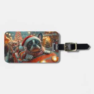 Etiqueta De Bagagem Montanha-russa de cachorro Boston Terrier no Natal