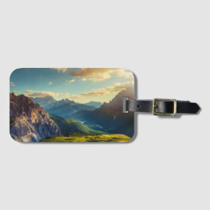 Etiqueta De Bagagem Montanhas e vale no por do sol