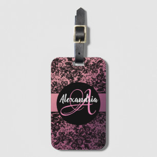 Etiqueta De Bagagem Moody Floral Escuro no Monograma Rosa