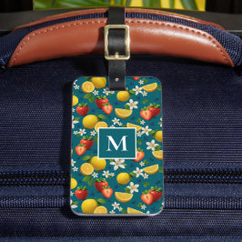 Etiqueta De Bagagem Morango e Design de Flor de Limão em Azul