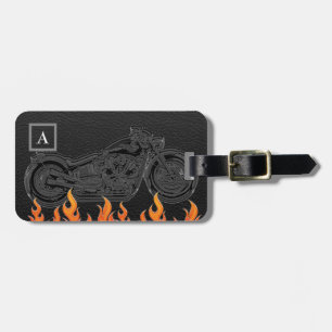 Etiqueta De Bagagem Motocicleta Preto De Couro Laranja Chama Hot Fire