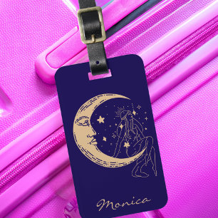 Etiqueta De Bagagem Mulher celestial lua e estrelas,boho,ouro elegante