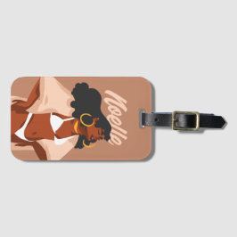 Etiqueta De Bagagem Mulher Negra, Bikini Branco, Pronta para Praia