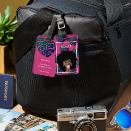 Etiqueta De Bagagem Mulher Negra, Bublegum, Folhas Tropicais, Rosa Que