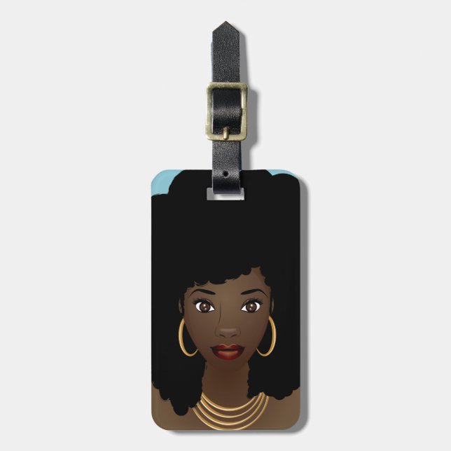Etiqueta De Bagagem Mulher Negra, Cabelo Natural, Azul (Frente Vertical)