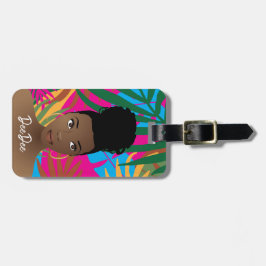 Etiqueta De Bagagem Mulher Negra, Folhas Tropicais Coloridas, Azul