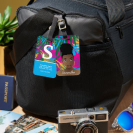 Etiqueta De Bagagem Mulher Negra, Folhas Tropicais Coloridas, Azul
