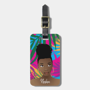Etiqueta De Bagagem Mulher Negra, Folhas Tropicais Coloridas, Monogram