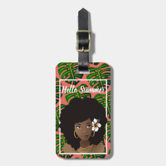 Etiqueta De Bagagem Mulher Negra, Olá Verão, Folhas Tropicais, Coral