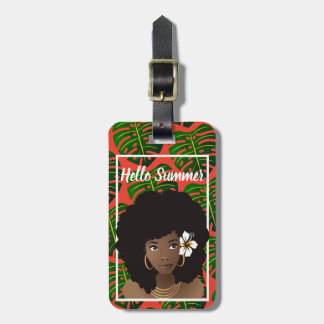 Etiqueta De Bagagem Mulher Negra, Olá Verão, Folhas Tropicais, Vermelh