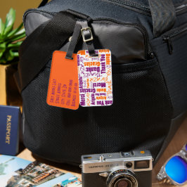 Etiqueta De Bagagem Multilingual Laranja Roxo Obrigado Tipografia