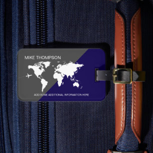 Etiqueta De Bagagem Mundo Mapa Moderno Elegante Azul e Cinza