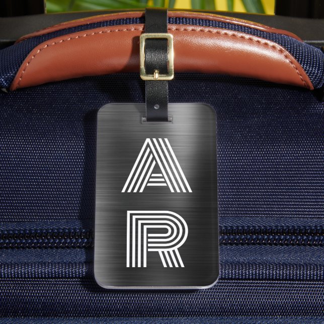 Etiqueta De Bagagem Na moda de Elegante Dois Monogramas, metal preto i (Frente Insitu 2)