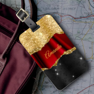 Etiqueta De Bagagem Na moda faux Glitter Red Dourado Monograma