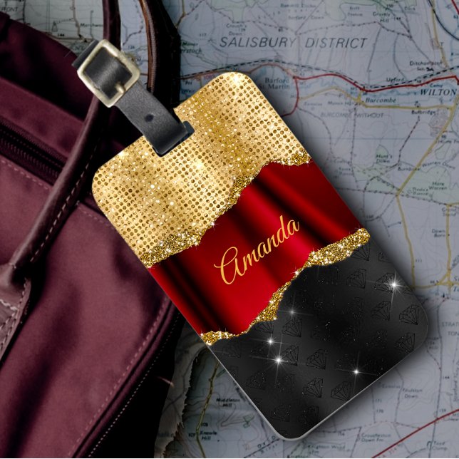 Etiqueta De Bagagem Na moda faux Glitter Red Dourado Monograma (Criador carregado)