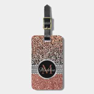 Etiqueta De Bagagem Na moda Girly Rosa Dourado Glitter Leopard Monogra