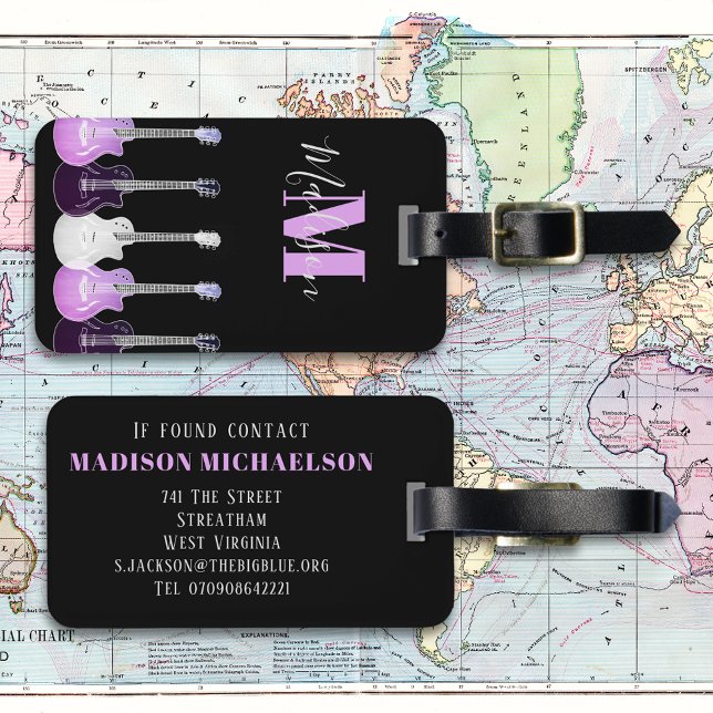 Etiqueta De Bagagem Na moda Guitar Pink e Monograma Preto (Stylish guitar pink and black monogram custom luggage tag for guitarists musicians and music lovers)