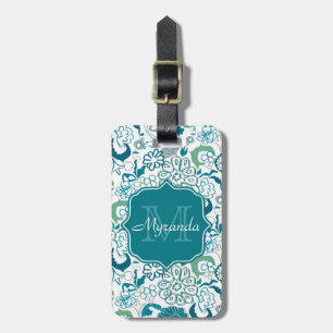 Etiqueta De Bagagem Na moda Teal Floral Padrão com Monograma e Nome