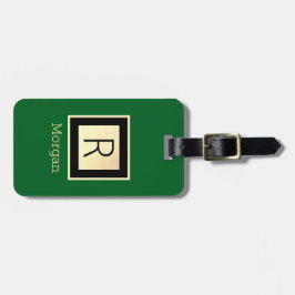 Etiqueta De Bagagem Name & Monogram, Black & Gold Box, Forest Green