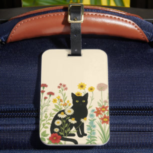 Etiqueta De Bagagem Natureza Botânica – Gata Preta no Jardim de Flores
