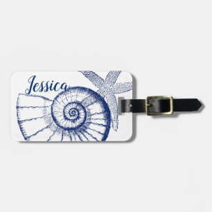 Etiqueta De Bagagem Nautilus Seashell e Starfish Marine Life Personali