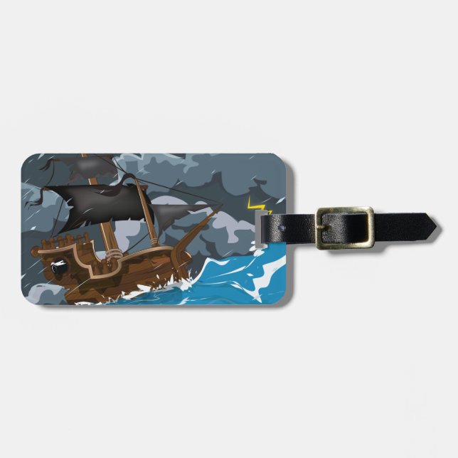 Etiqueta De Bagagem Navio Pirata na Tempestade (Frente Horizontal)