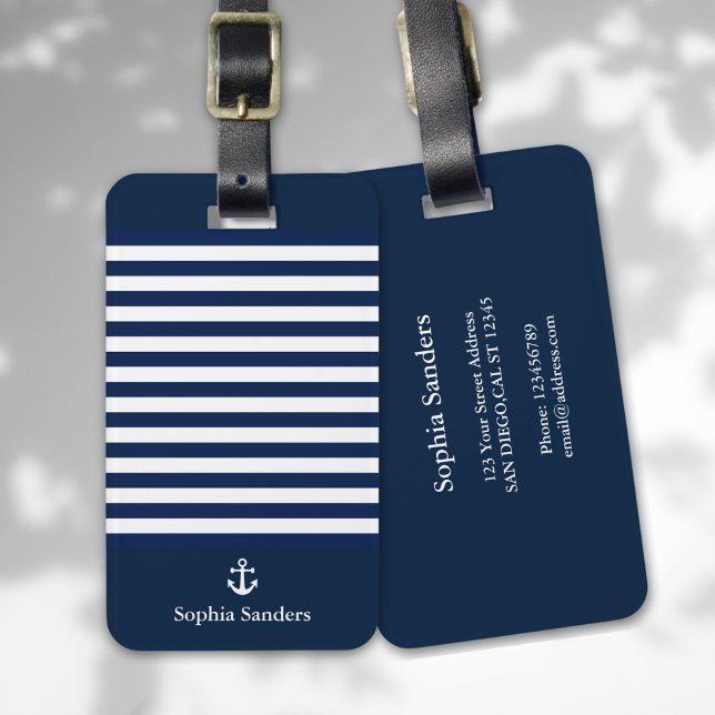 Etiqueta De Bagagem Navy Blue Striped Nautical Pattern (Criador carregado)
